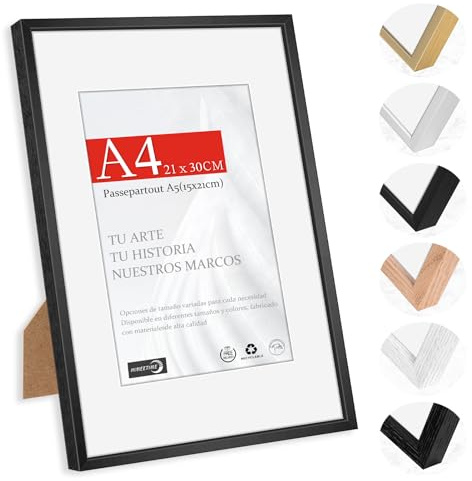 HIMEETIME® 1x Marco de Fotos A4 21x21.9cm Aluminio Metálico Cepillado Negro，Passepartout 15x21cm，Marco Mediano 21x30 Certificados y Diplomas，para Montaje en Pared o Sobremesa