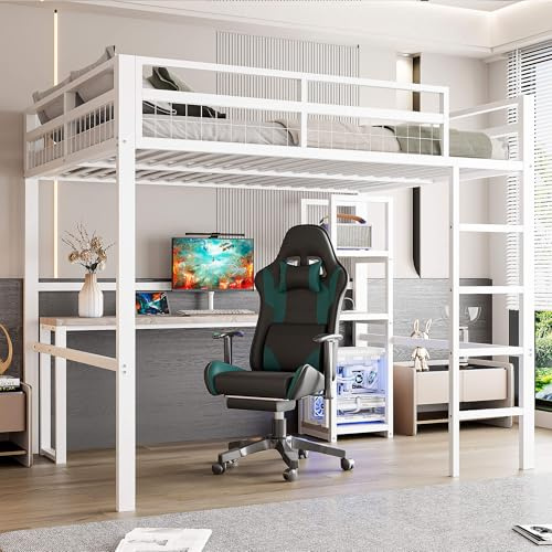 MQGPM - Estructura de cama alta (140 x 200 cm) con escritorio y estantes, cama apilable de metal con espacio de almacenamiento y protección contra caídas, somier incluido, cama para adultos