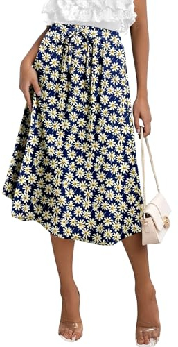 KISSMODA Womens Midi Skirt High Waist A Line Boho Skirts Trendy Casual Work Elegant Summer Palazzo with Pockets