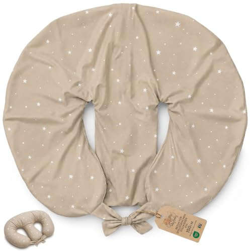Funda para almohada de lactancia XXL para gemelos de 90x50 cm - de lactancia, almohada para bebés gemelos, de apoyo para la lactancia, para bebés gemelos Oeko-Tex Beige con estrellas blancas