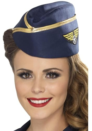 Smiffy's Smiffys Sombrero de azafata del aire, azul, con borde dorado Halloween, Carnaval