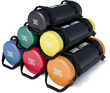 GORILLA SPORTS® Fitness Power Bag - 5/10/15/20/25/30 kg, rutschfeste Griffe, Gefüllt, Kunstleder - Gewichtssack, Sandbag, Corebag, Sandsäcke, Gewichte für Training, Workout, Crossfit, Gym
