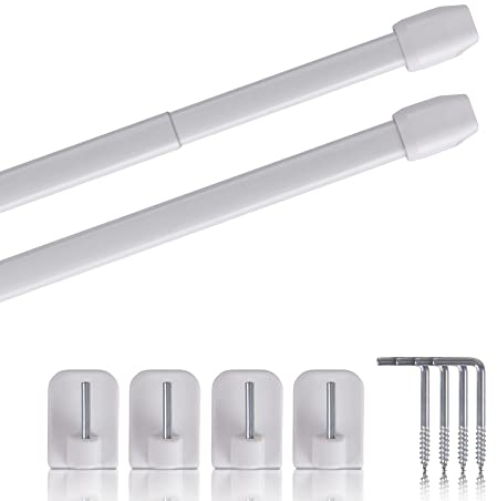 Vitragestangen 2er Pack ausziehbar, 2 Gardinenstangen mit Selbstklebehaken - Befestigung ohne Bohren - (Farbe: weiß, Größe: 40-60cm)
