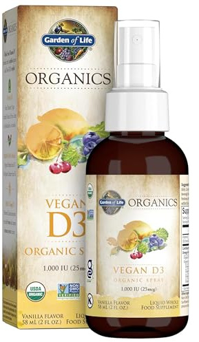 Garden of Life Organics Vegan Vitamin D3 Spray with Plant Omegas – Liquid Vitamin D3 for Immune Support & Bone Health, 1000 IU, USDA Organic, Non-GMO, Vanilla Flavor, 2 Fl Oz Bottle, 125 Servings