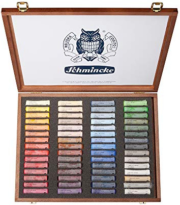 Schmincke – Pastell, Premium-Set mit Aquarellfarben, Holzkasten mit Pastellstiften, handgefertigte Pastelle, brillante, samtmatte, höchst lichtechte Farbtöne (60 Farben)