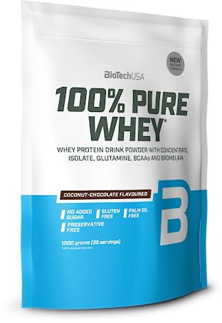BioTechUSA 100% Pure Whey | Proteine in polvere con BCAA e glutammina | Senza glutine, senza olio di palma | 21g di proteine per porzione, 1 kg, Cocco-Cioccolato