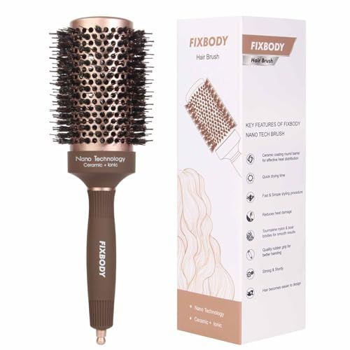 FIXBODY Round Barrel Anti-Static Hair Brush with Boar Bristles, Nano Thermal Ceramic Coating & Ionic Tech for Hair Drying, Styling, Curling, Straightening (3.3 Inch (Barrel 2 Inch))