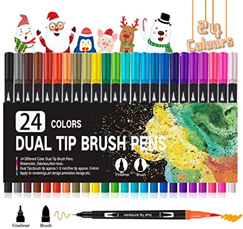 Vakki Dual Brush Pen Set, Filzstifte 24 Farben Dual Tip Stifte Fineliner, Pinselstifte Aquarell Marker, Filzstifte Dicke und Dünne für Kinder und Erwachsene Malbücher, Manga stifte Malstifte