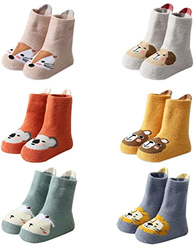 FedMois 6 paia calzini antiscivolo invernali termici in cotone bimbi bambini, Animali, 1-3 anni