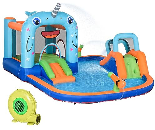 Outsunny Castillo Hinchable para Niños de 3-8 Años Castillo Inflable con Tobogán Trampolín Piscina Parque Acuático con Inflador y Bolsa de Transporte para Exterior 420x370x230 cm Multicolor