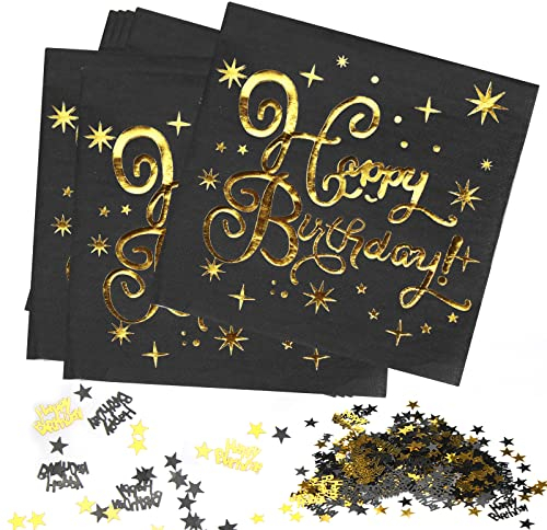 Servietten Gold Schwarz, 40 Stück Servietten Geburtstag, Servietten Happy Birthday, Papierservietten Paper Napkins, Schwarz Gold Deko Geburtstag, 33x33cm für Junge Mädchen Geburtstag Party Deko