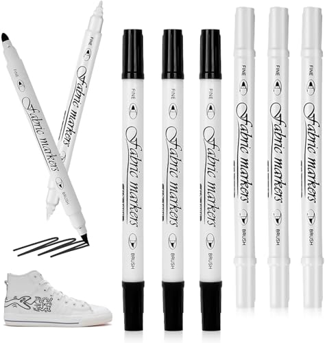 YUWJOOWEE 6 Stück Textilstifte Waschmaschinenfest, 1-5mm Dual Tip Textilmarker, Lichtecht und Wasserfeste Stifte Textilfarbe, Permanent Stoffmalstifte für T-Shirt Textilien (Schwarz, Weiß)