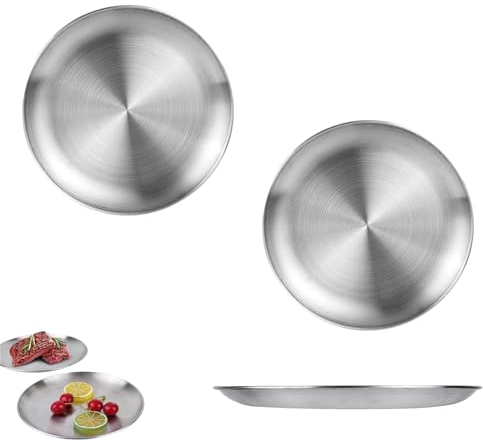 PXRLMYF 3 Pcs Stainless Steel Dinner Plates 8 Inch Double Layer Round Serving Plates Round Serveware Platter for Camping, Eating, BBQ, Steak, Salad