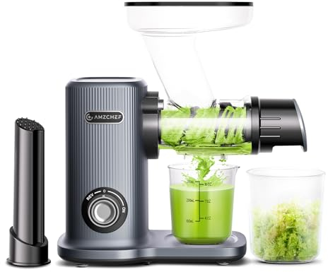 AMZCHEF Cold Press Juicer Machine, Masticating Juicer with 50MM Large Feed Chute and Tray, Slow Juicer Cold Press with 8 Section Spiral Auger, Low Decibels Juicers for Whole Fruit and Vegetable, Grey