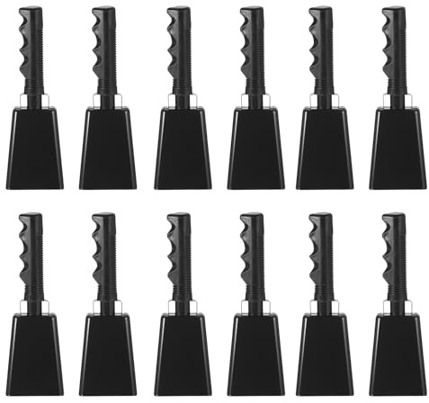 PATIKIL Campanas de Vaca de 9 Pulgadas para Juegos de Fútbol, 12 Cencerros para Eventos Deportivos a Granel para Hacer Ruido, Campana de Vaca de Metal con Mango para Animar, Negro