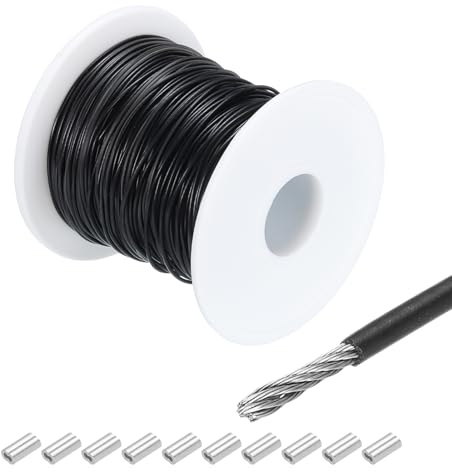 QUARKZMAN Cable de Acero Inoxidable 304 Recubierto de Vinilo de 100 Pies (30 Metros) 3/64 (1 mm) con 10 Piezas de Manguitos de Aluminio para Colgar, Tendederos, Negro