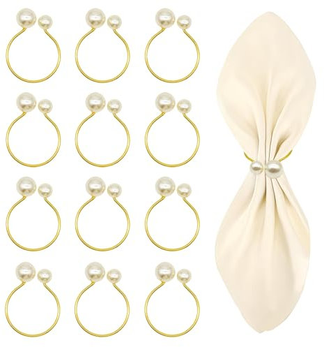 Wondora 12 Stück Serviettenringe Gold, Napkin Rings Mit 2 Perlen, Serviettenringe Weihnachten Metall Servietten Ringe, Geeignet für Weihnachten, Thanksgiving, Ostern, Geburtstag, Bankett, Party