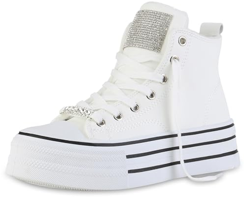 VAN HILL Damen Plateau Sneaker Plateau Strass Trendy Schuhe 216373 Weiss 38