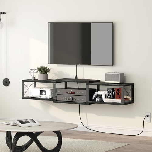 MAHANCRIS 43.7” Floating TV Stand with Power Outlet, Wall-Mounted Entertainment Center, Floating Metal Frame Media Console Shelf for Under TV Storage, for Living Room, Bedroom, Black TVHB101E01
