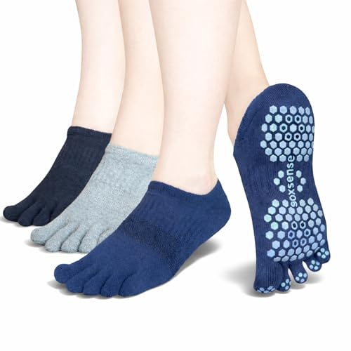 Soxsense Pilates Grip Toe Socks for Women & Men, Cushioned Low-Cut Five Finger Socks Non Slip for Yoga, Barre, Gym (US, Alpha, Medium, Regular, Regular, Navy/Grey/Black)