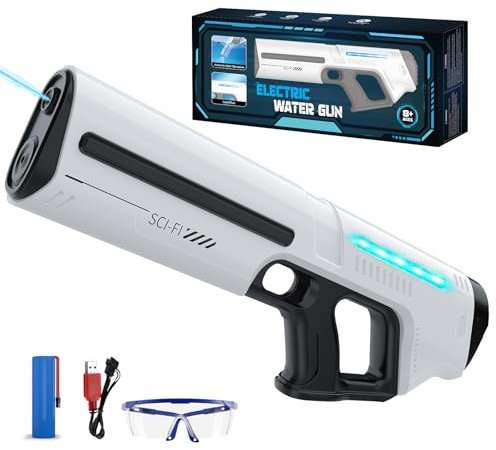 Skirfy Elektrische Wasserpistole für Kinder und Erwachsene, batteriebetriebenes Spritzspielzeug mit Tank, 9 m Reichweite, LED-Licht, automatische Wasseraufnahme, Sommerspiel am Strand im Freien