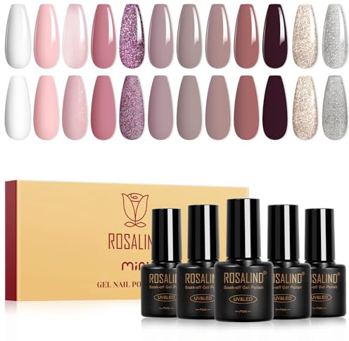 ROSALIND UV Nagellack,12 Farben Weiß Nude Hellrosa Braun Schwarz Glitzer Lila Silber Gel Nagellack Set, Soak-Off Mini UV Farbgel Gelnägel für Nagel Design Gel Nail Polish Maniküre Geschenk