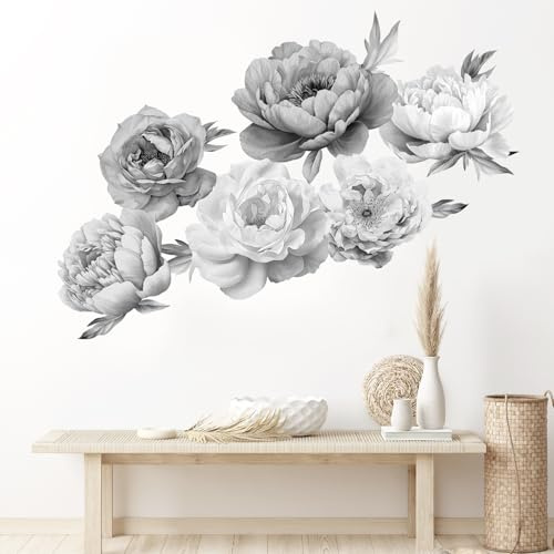 SHUCHING Pegatinas de Pared Peonía Gris Grande, Vinilo Adhesivo Pared Flores Blancas y Negras, Vinilos Decorativos para Salón Dormitorio Puerta