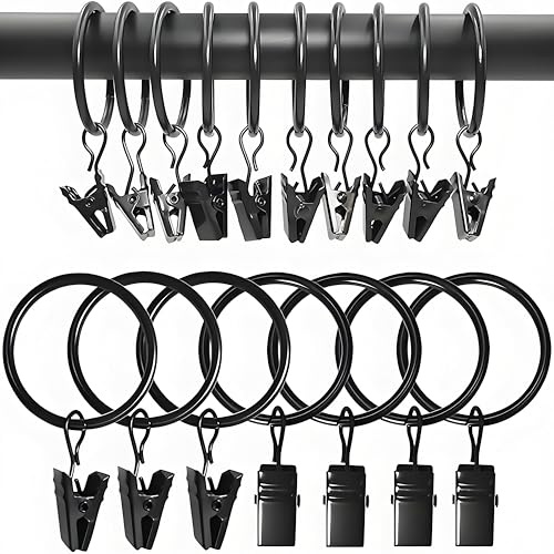 Tivleed Curtain Hooks, Curtain Rings with Clips, 18 Pack Black Metal Heavy Duty Rings and Hooks for Window and Shower Curtains, 25mm (1 Inch) Rustproof
