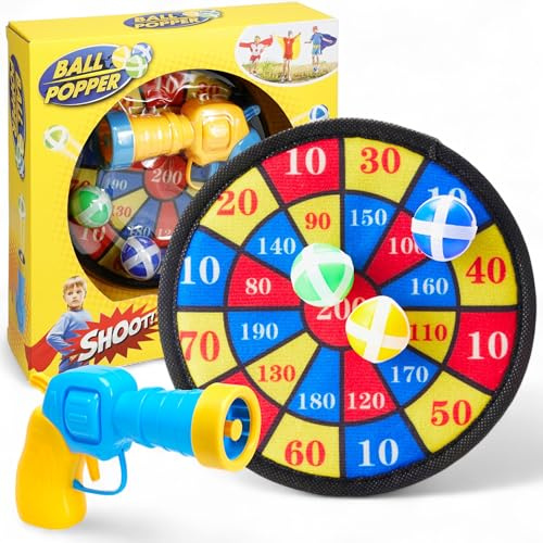 MIJOMA Ball Popper Set mit Klett-Zielscheibe – Ballpistole + 3 Softbälle – Indoor & Outdoor Wurfspiel für Kinder – Farbe Wird zufällig geliefert