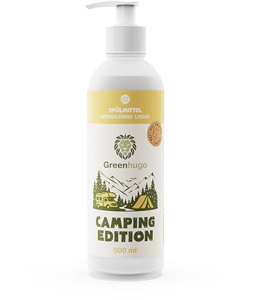 Greenhugo Öko Spülmittel 500 ml – Kraftvoll gegen Fett – Biologisch abbaubar – Sanft zur Haut – Vegan & Umweltfreundlich – Premium Handspülmittel – Camping Edition (1)