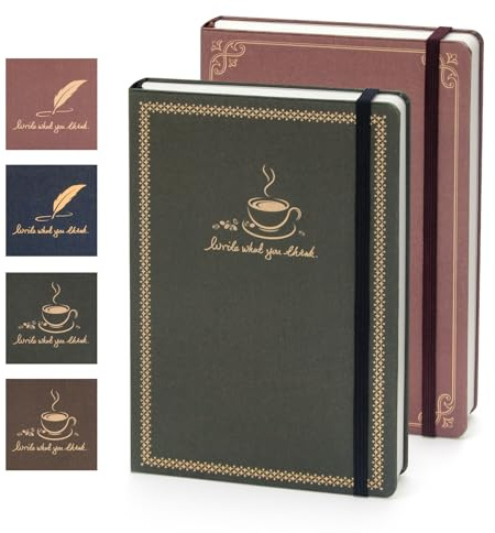 WETLOTE A5 linjerad journal anteckningsbok – inbunden anteckningsbok med röd penna och grön kaffedesign, guldtygskydd, 212 fodrade sidor, elastiskt band och bakficka, perfekt för daglig användning