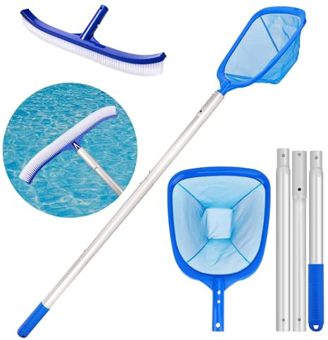 Swimming Pool Skimmer with Large Brush , Deep Pond Fish Net With Ajustable Thick Metal Pole, Pool Cleaning Kit Accessories for Pond Pool Hot Tub Spa Koi Tank Scoop Out Leaves Twigs Hairs Bugs Debris
