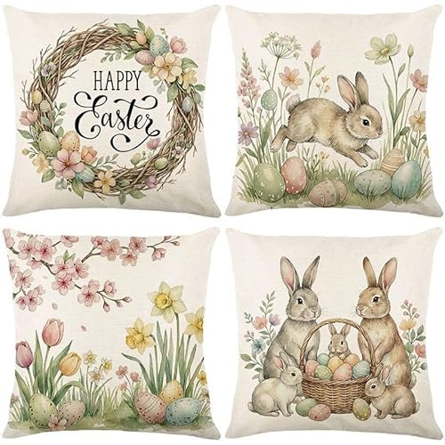 Hopomoon Lot de 4 housses de coussin décoratives en lin rustique pour le printemps de Pâques – Lapin aquarelle et couronne florale – Décoration de Pâques pour maison, canapé, sofa, 45,7 x 45,7 cm