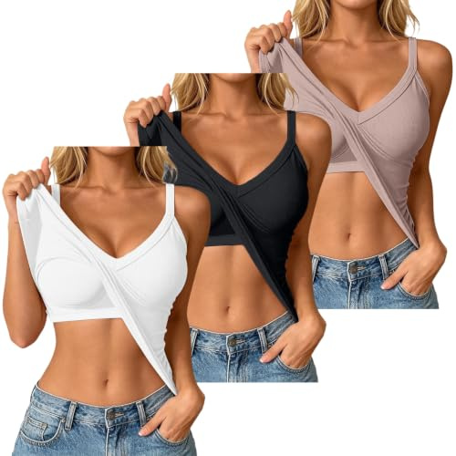 Lot de 3 hauts pour femme avec soutien-gorge intégré - Débardeur basique - Débardeur basique pour femme - Sans manches - Élastique - Coupe ajustée - En coton - Couleur unie