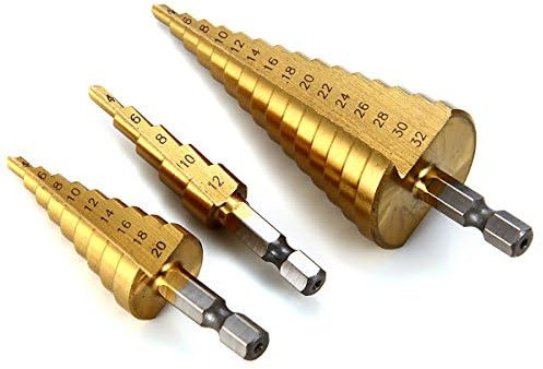 ACENIX® 3PCS Professional HSS Step Drill Bit Set Titanium Coated High-Speed Steel Sizes 4-12mm, 4-20mm, 4-32mm, Ideal for Wood Stainless Steel & Thin Metal Includes Free Cleaning Cloth