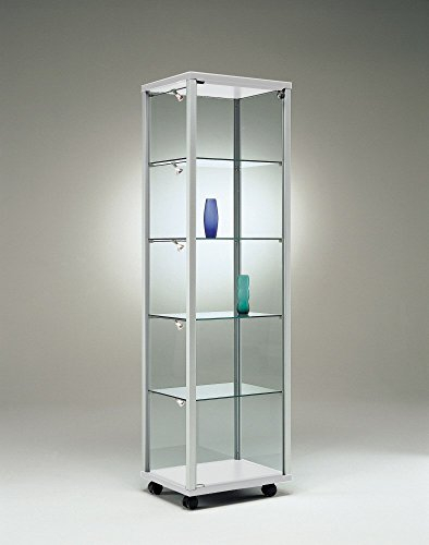 MHN Glasvitrine mit Rollen T 43 x B 53 x H 183,5 cm - schmale Glas Standvitrine abschließbar - Ausstellungs-Vitrine ohne Beleuchtung - mit Spiegel-Rückwand