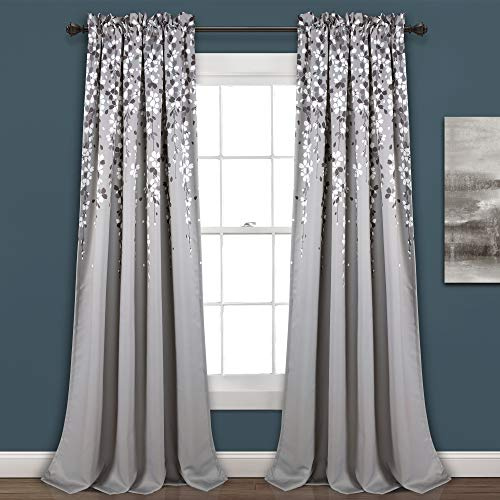 Lush Decor Weeping Flower Light Filtering Window Curtain Panels, Pair, 52 W x 95 L + 2 Header, Gray - Charming Modern Floral Curtains for Living Room, Dining Room, & Bedroom