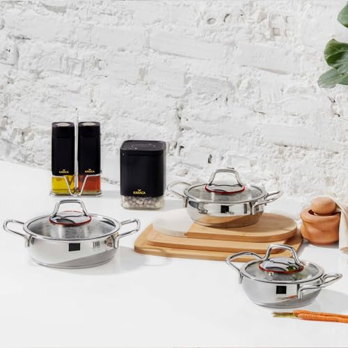 Karaca Emirgan 6-Tlg, Sahan-Set aus Stahl Topfset, Kochgeschirr set, Kochtopfsets, Edelstahl, Induktionsgeeignet, mit Glasdeckel und von Edelstahl Topfset