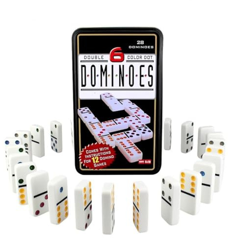 Urban Print Domino - Set da tavolo/gioco domino con scatola metallica/set tradizionale per bambini e adulti, 28 schede e 6 colori