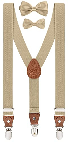 BomGuard Teenager Kinder Hosenträger Fliege Set,12-17 Jahre, beige