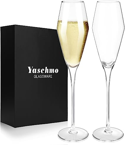 Yaschmo Champagne Flutes Glasses Set of 2, 8.4 oz Hand Blown Crystal Wedding Flutes Glasses, Elegant Tulip Glasses - Ideal Gift for Wedding, Anniversary,Christmas Day (2 Count (Pack of 1))