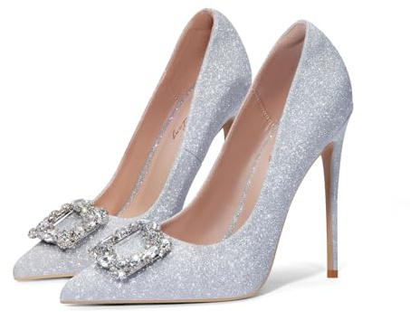 Zhabtuc Tacones Altos para Mujer, Tacón de Aguja con Diamantes de Imitación, Satén Brillante, 12 cm, Punta Cerrada, Elegantes y Versátiles, Brillo Plateado, 36 EU