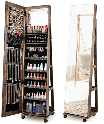 COSTWAY Armario para Joyas, Espejo Joyero de Pie Con Cerradura, Organizador De Joyas Con Espejo de Maquillaje Incorporado, Luces LED De 3 Colores, Estantes Ajustables Y Ruedas Universales (Industrial)