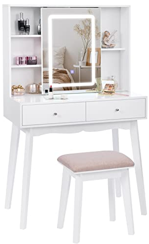 BEWISHOME Schminktisch mit Beleuchtung, Einstellbarer Helligkeit, Kosmetiktisch mit Schiebespiegel, Schminktische Frisiertisch Schminktisch Klein, Schminktisch mit hocker 2 Schubladen Weiß EFST15M