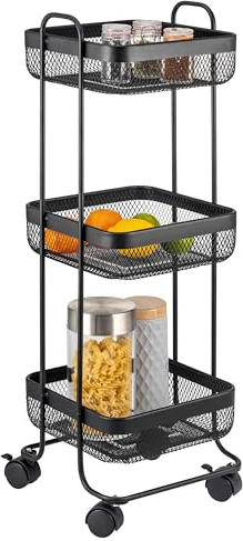 eluno 3-stöckiger Rollwagen, Küchenwagen, Multifunktions-Aufbewahrungswagen für Küche, Bad, Büro und Wohnzimmer, mit Rollen aus schwarzem Metall