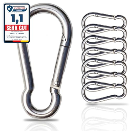 PinPro A4 Edelstahl Karabiner | 60x6mm - 2 Stück | 500 kg Bruchlast | Rostfreier NIRO AISI 316 Feuerwehrkarabiner mit Blattfeder
