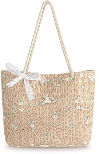 GEEHUA Stroh Strandtasche für Damen, Sommerurlaub Bedruckte Spitze Gewebte Handtasche Umhängetasche mit magnetischer Schnalle(Khaki)