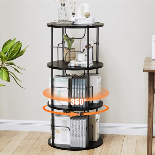 Bibliothèque Rotative à 360°, Étagère Livre en Bois sur Pied, Bibliothèque Tournante à 3 Niveaux, Niveaux Réglables, Tour de Rangement pour Chambres, Bureaux et Salons, 45 × 45 × 97 cm, Noir
