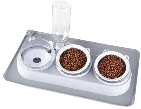 Lvefyti Katzennapf,3 in 1 erhöhte Katzenfutterschalen mit wasserdichter Haustiermatte Automatische Wasserflasche Ersatz Keramikschüssel Katzennahrung und Wasserspender Set Nass(Keramikschalen)
