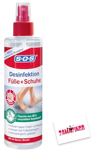 SOS Fuß-Desinfektion-Spray 250ml | Nach Normen Geprüft, wirksam bei Fußpilzerregern, Wirksam gegen Faden & Hefepilze, Beseitigt 99,99% der Bakterien + Zama4Zingo Karte